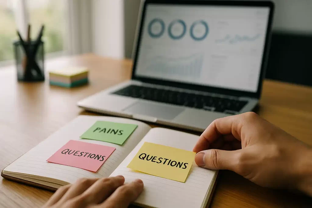 Planner com post-its mapeando conteúdo de topo do funil e personas