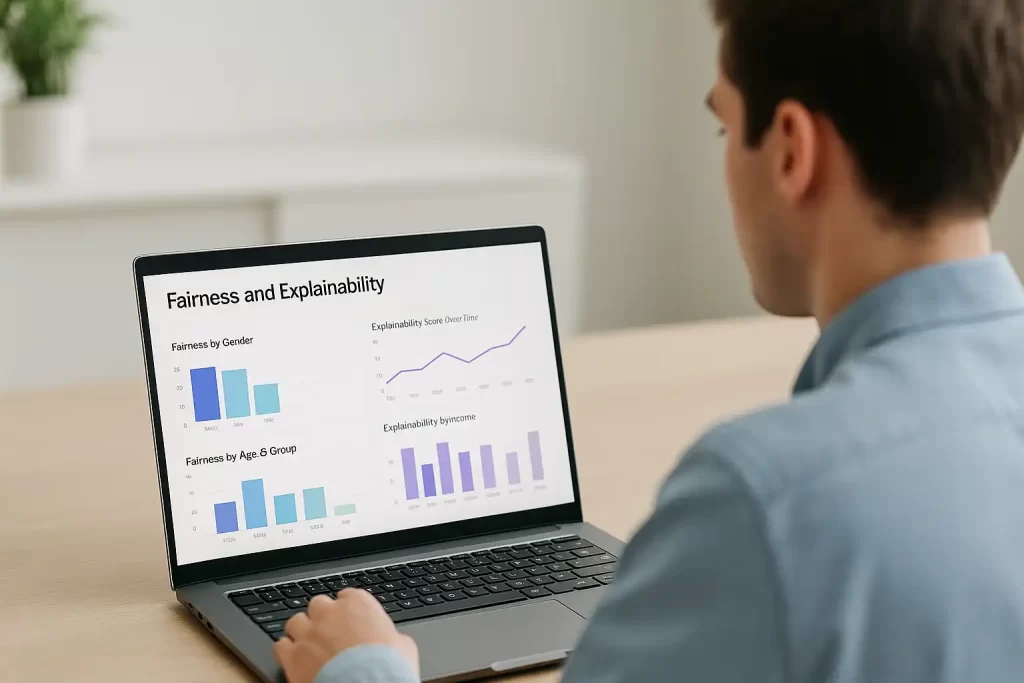 analista verifica métricas de fairness e explicabilidade em dashboard de IA