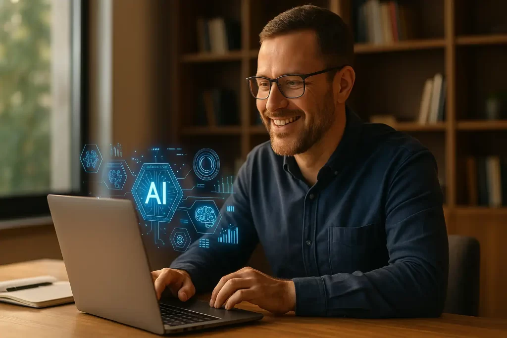 Empreendedor sorrindo diante do notebook com elementos visuais de inteligência artificial.