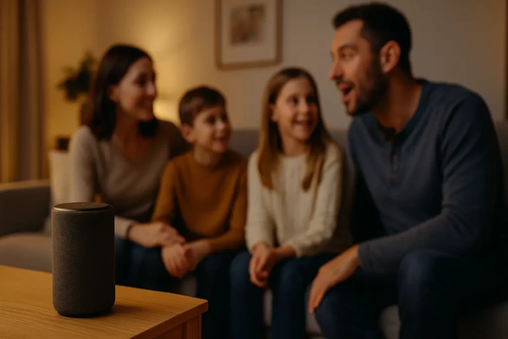 Família usando smart speaker para realizar uma pesquisa por voz em casa.