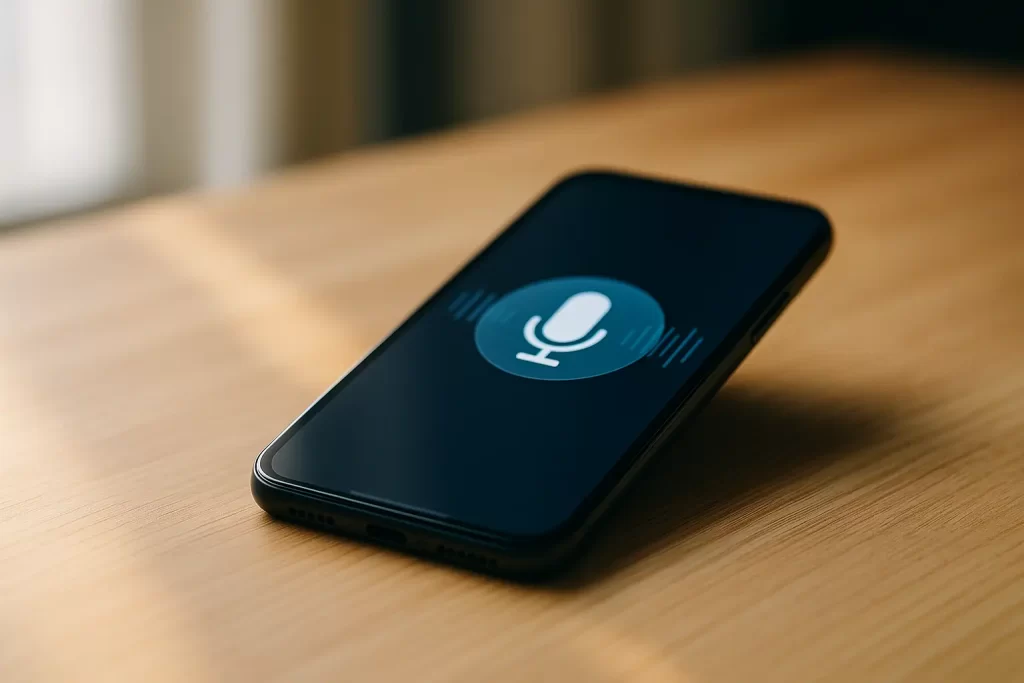 Microfone ativado em smartphone com ondas sonoras, representando busca por voz no mobile.