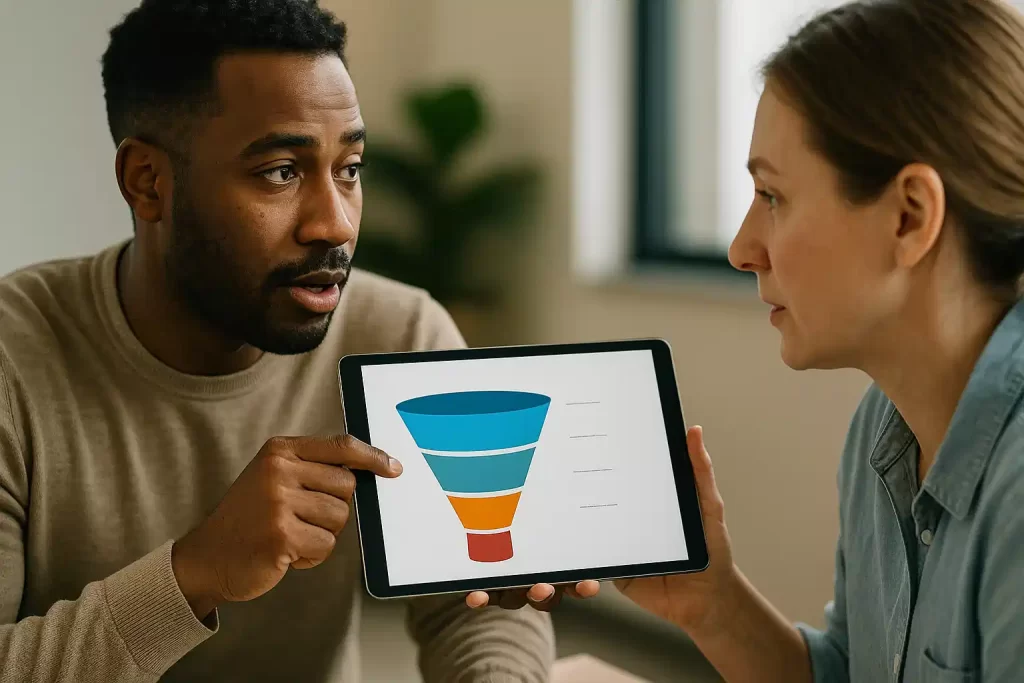Profissional mostrando no tablet um funil de vendas baseado em conteúdo patrocinado evergreen.