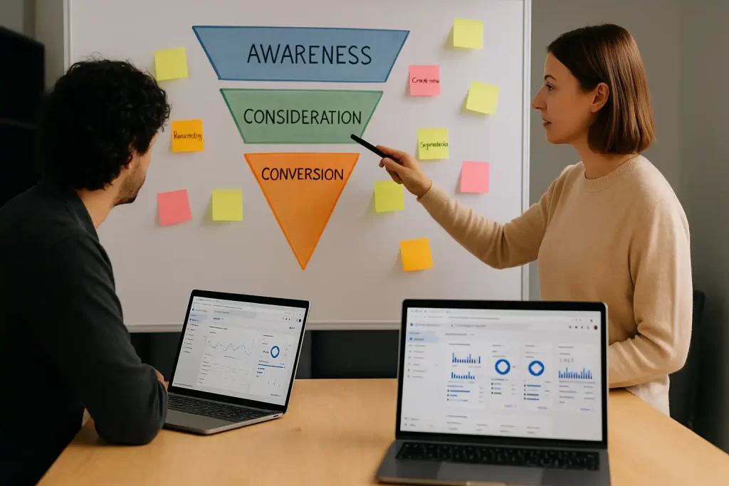 Equipe de marketing desenhando funil e alinhando criativos e segmentação.