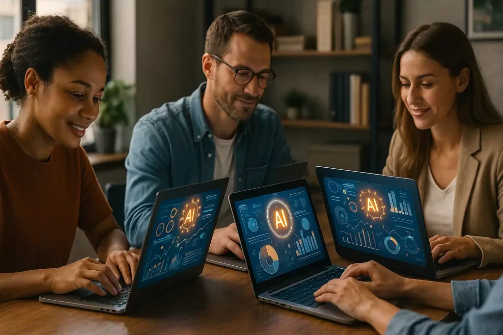 Empreendedores usando laptops com dashboards de inteligência artificial.