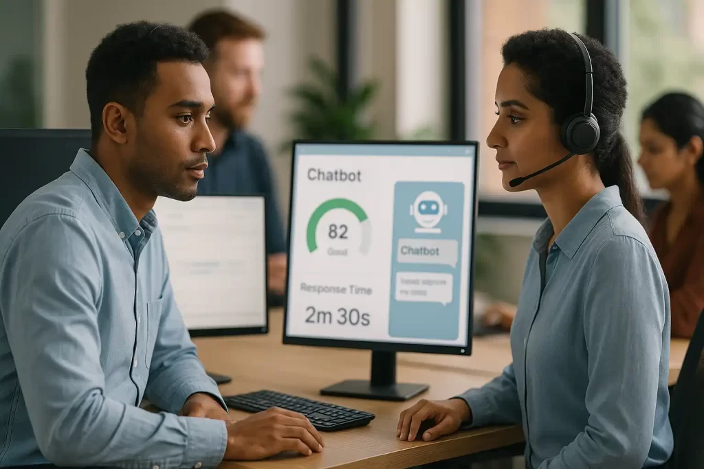 Analista e chatbot atendendo cliente em operação híbrida com foco na satisfação.