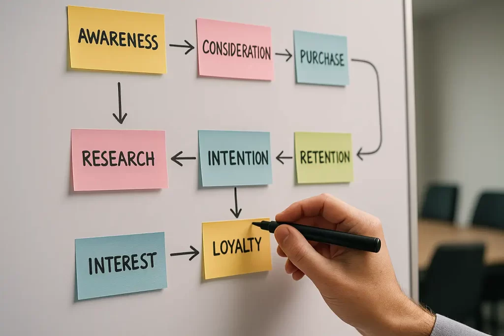Diagrama da jornada do cliente mostrando etapas e mensagens automatizadas.