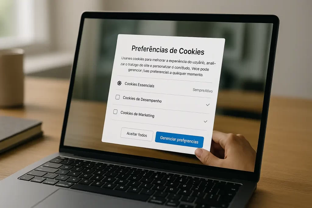 Banner de cookies sendo configurado em site com foco em privacidade.
