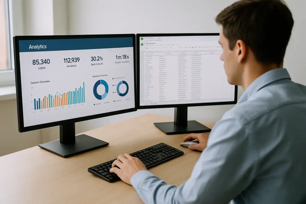 analista confere dashboard com métricas de campanhas e planilha de UTMs aberta em segundo monitor