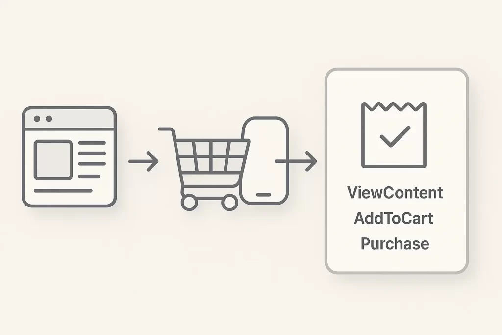 Fluxo visual de configuração do pixel e eventos de conversão no Meta Ads 2025.