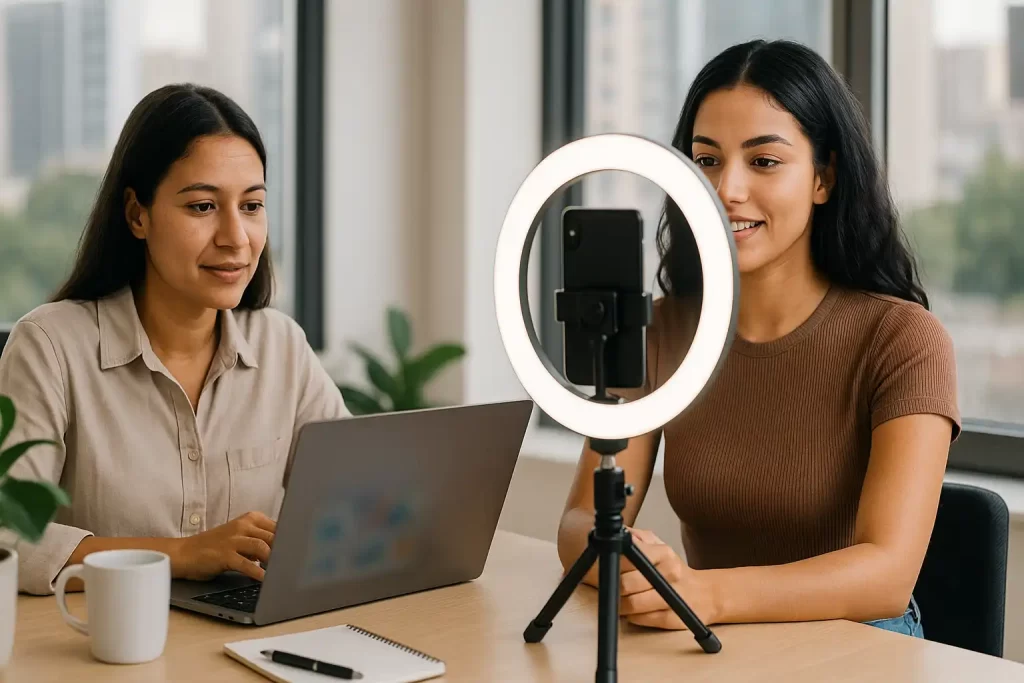 empresário analisando painel de anúncios ao lado de criadora gravando depoimento autêntico para campanha de tráfego pago