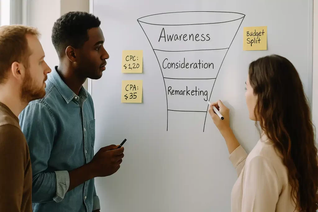 Equipe planejando orçamento de tráfego pago por funil no quadro branco.