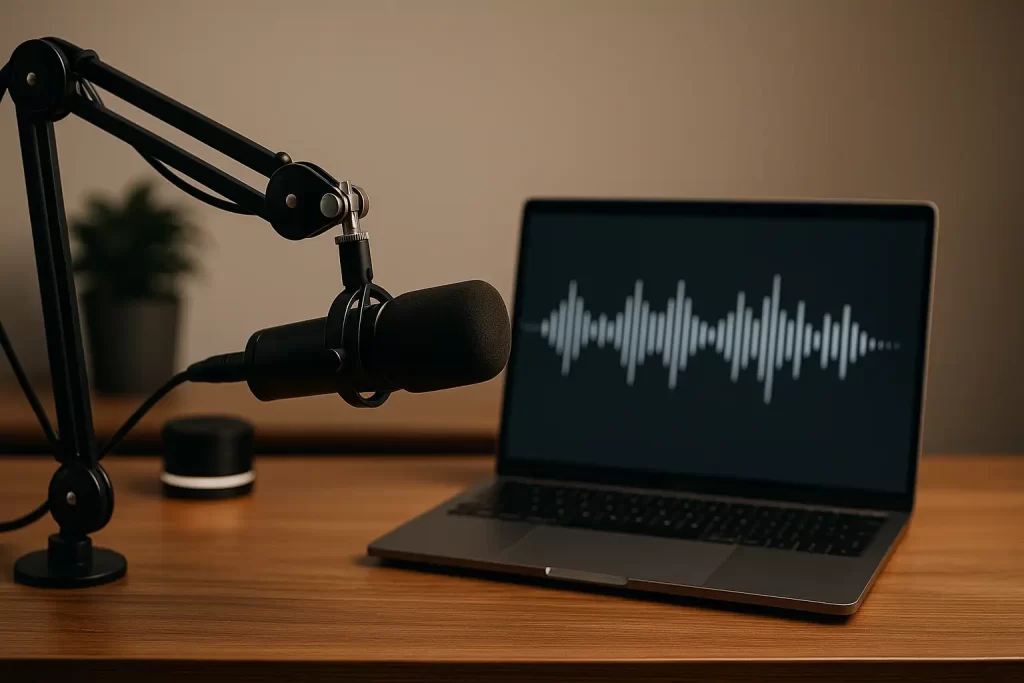 Microfone estúdio e gráfico de conversão representando podcast para marketing e vendas.