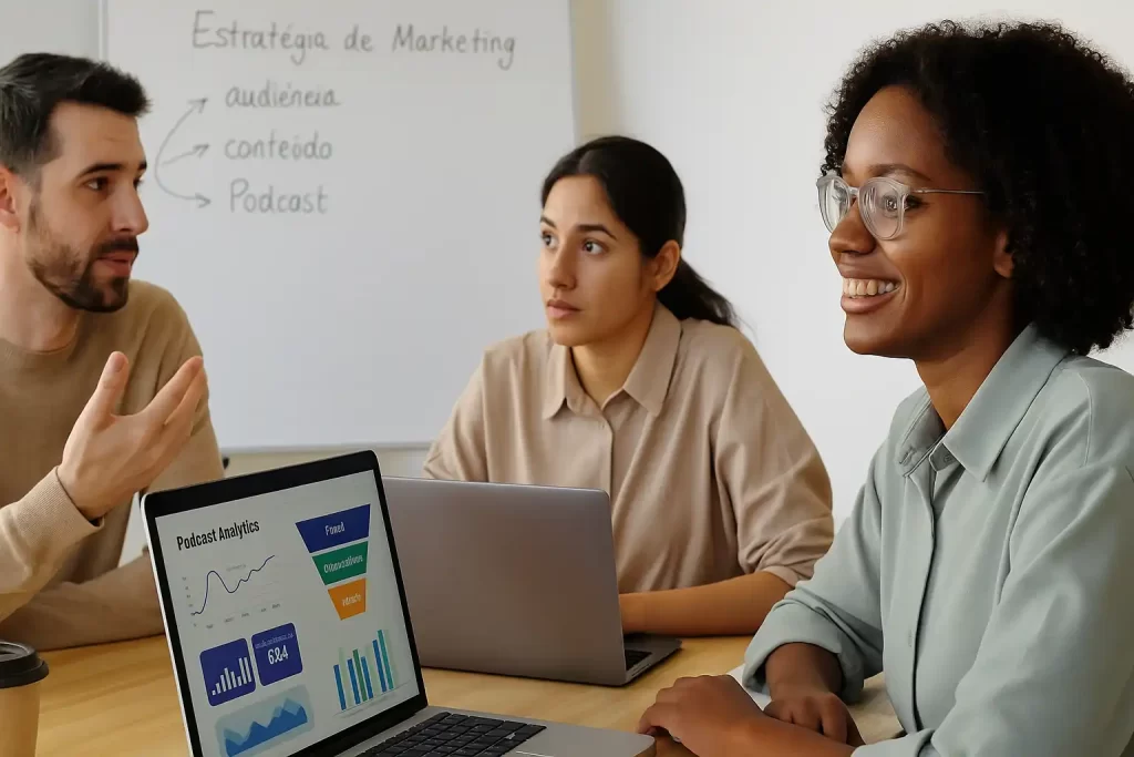 Equipe de marketing analisando funil de vendas com podcast em tela.