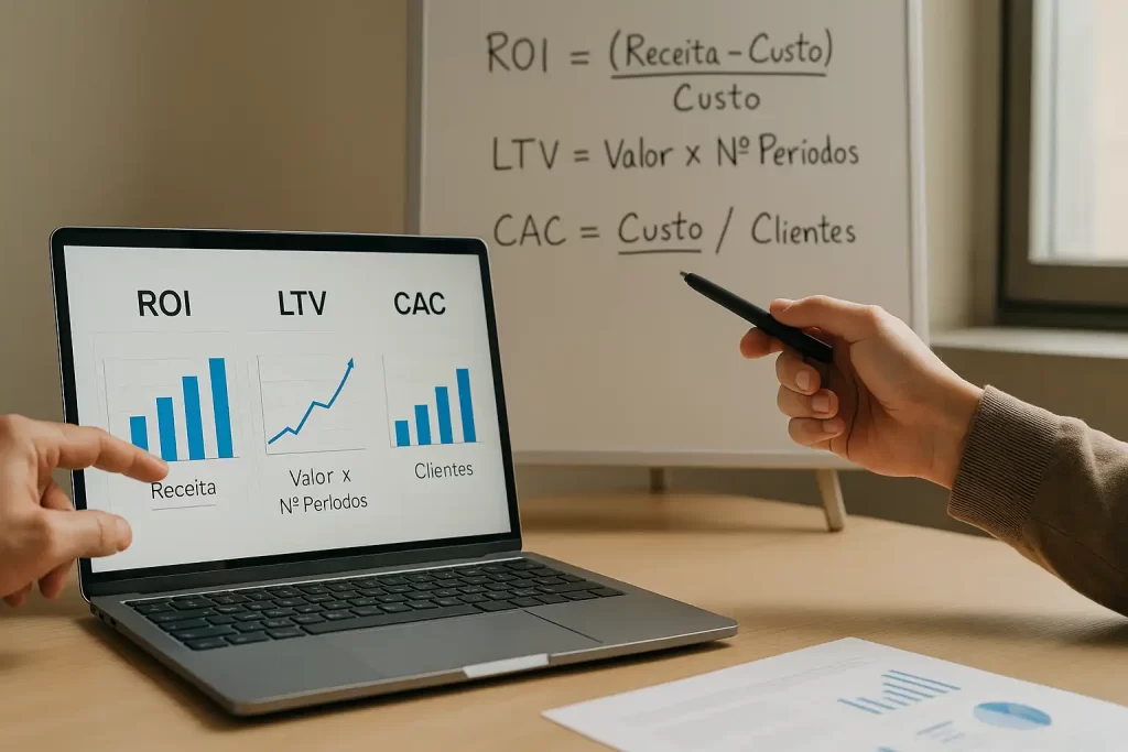 Mesa de escritório com laptop exibindo gráficos de ROI, LTV e CAC em alta definição.