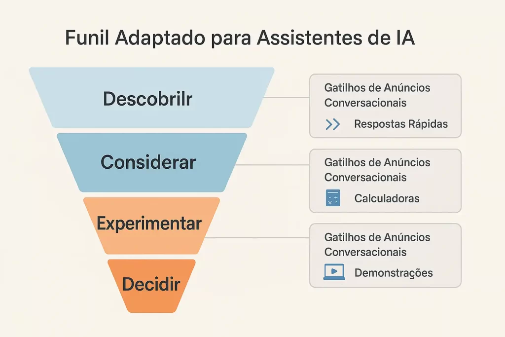 Diagrama do funil com etapas e gatilhos para anúncios conversacionais baseados em intenção.