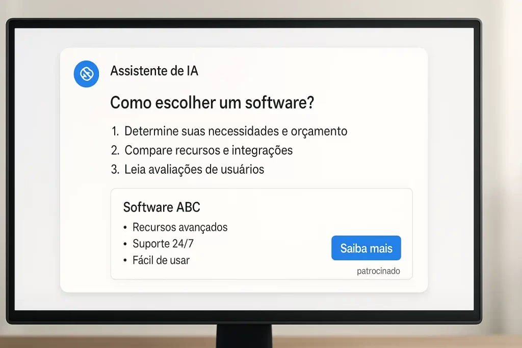Janela de assistente de IA exibindo resposta útil com card patrocinado integrado.