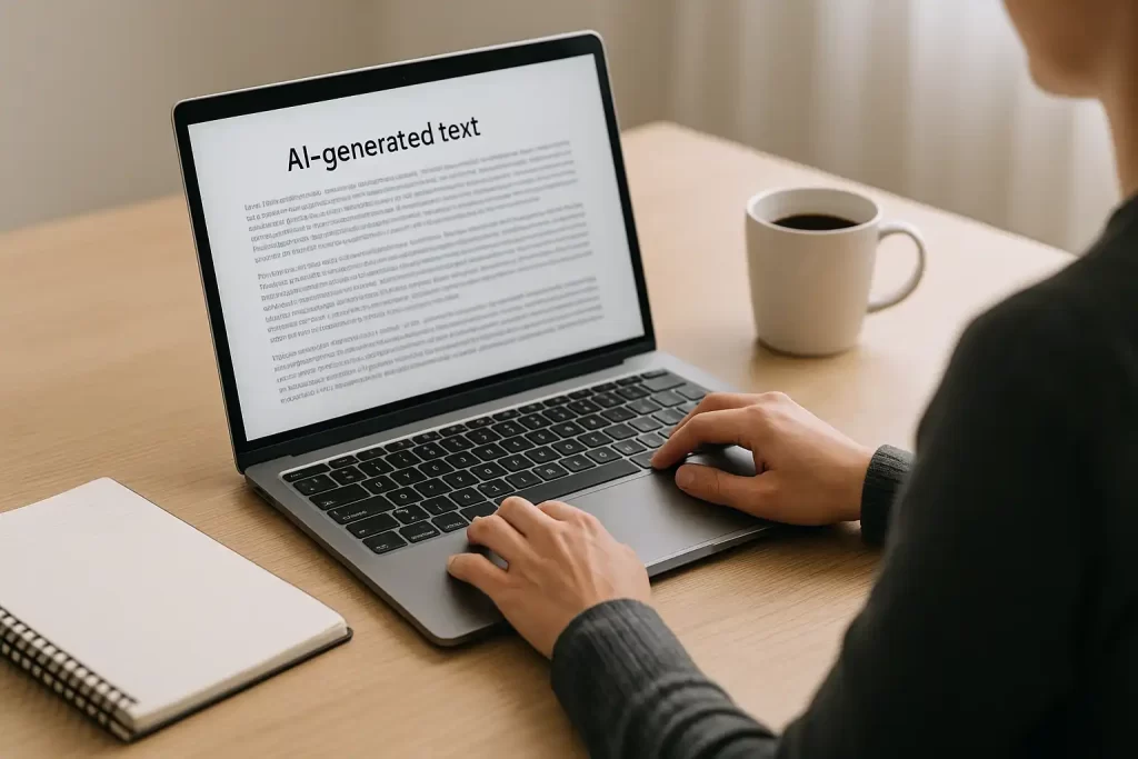 Profissional revisando conteúdo gerado por IA para manter tom da marca.