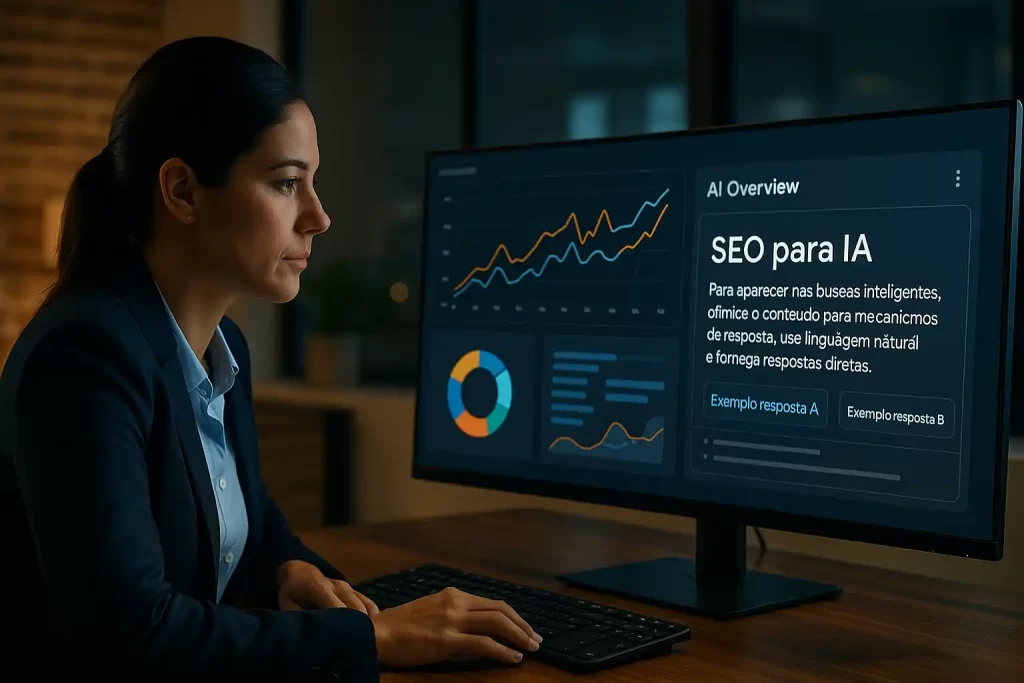 Profissional analisa AI Overview na tela para otimizar SEO para IA e aparecer nas buscas inteligentes.