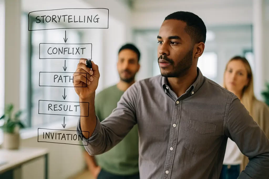 Esquema visual com cinco etapas da estrutura narrativa adaptada ao marketing.