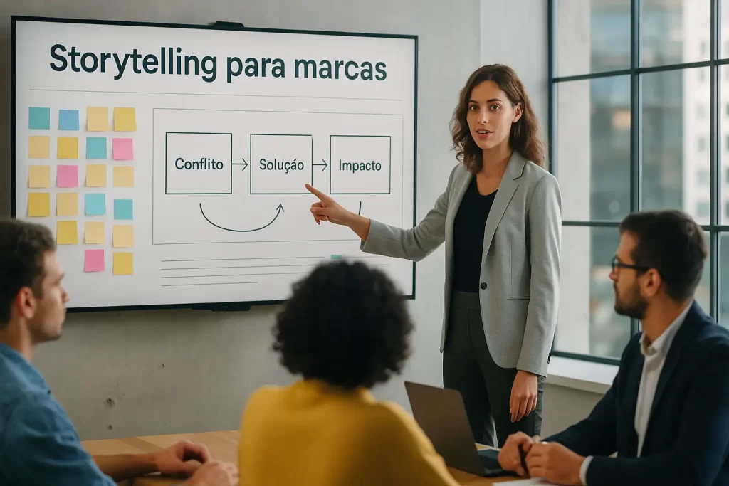 Capa 4K com executiva apresentando narrativa visual em tela grande, elementos de branding e gráficos de engajamento.