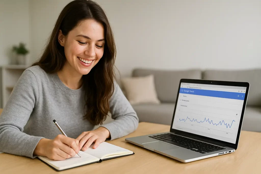 Mulher estudando tendências de palavras-chave no Google Trends