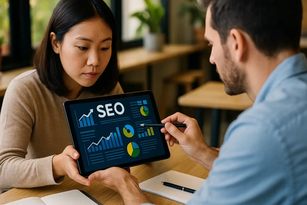 Profissional usando ferramentas de pesquisa de palavras-chave em computador moderno