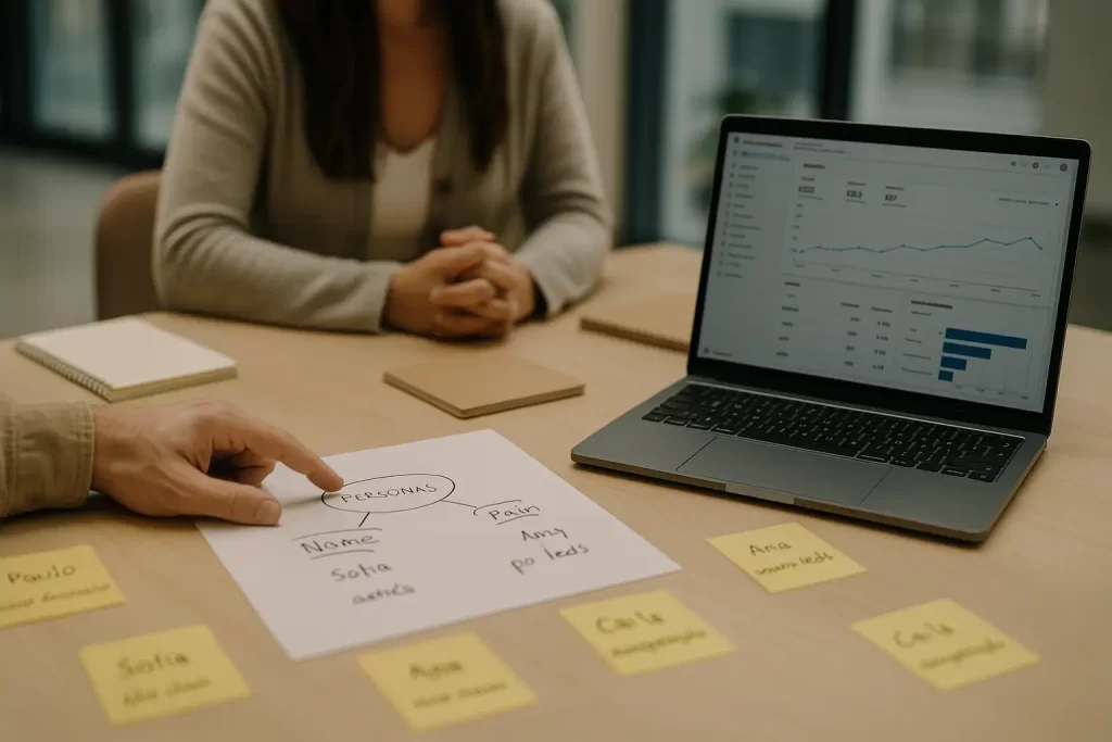 Profissional analisando mapa de personas com gráficos em notebook.
