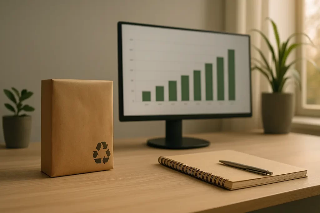 mesa executiva minimalista com embalagem eco e gráfico de crescimento ao fundo, luz natural e plantas