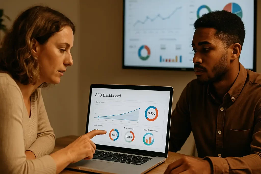 Profissionais revisando métricas de SEO em notebook e tela grande.