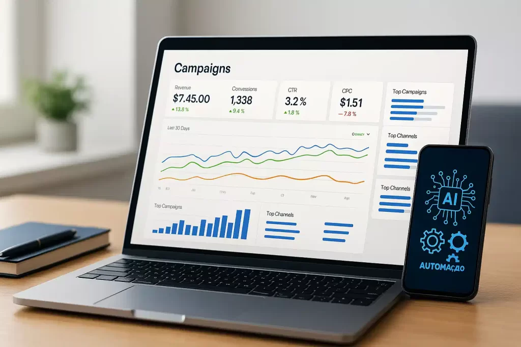 Mesa de marketing digital com notebook exibindo dashboard e elementos visuais de automação de campanhas com IA.