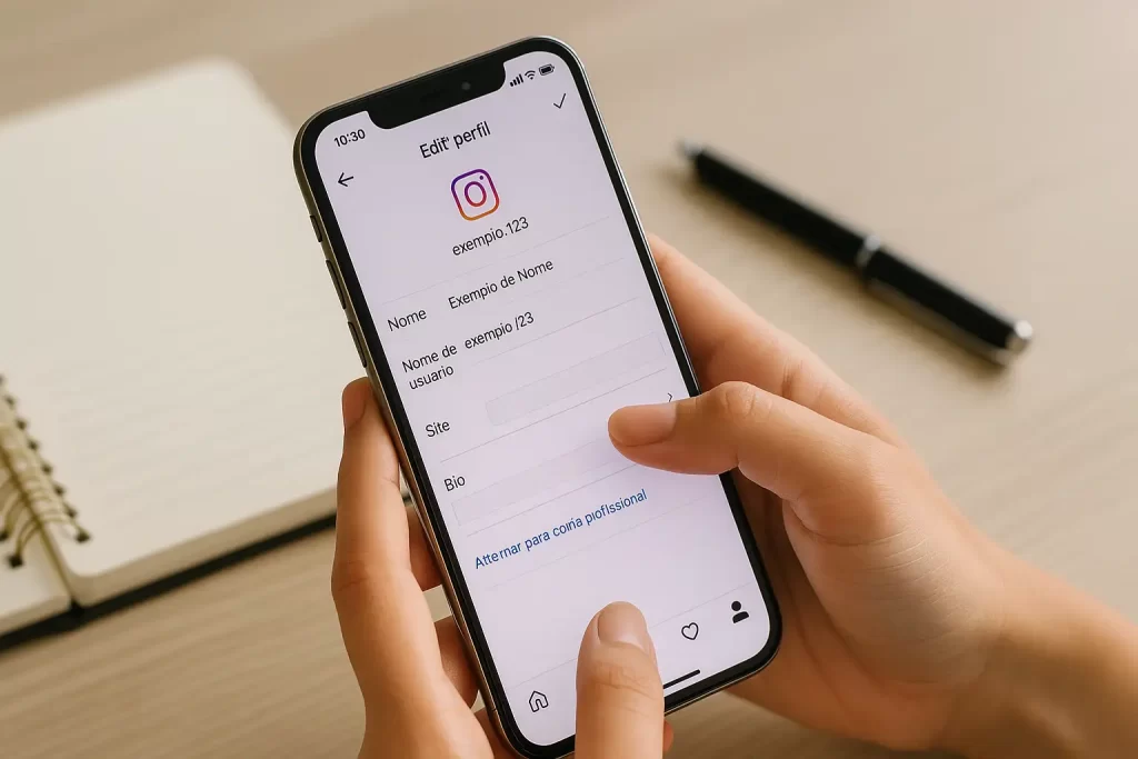 Mão feminina editando a bio do Instagram no celular sobre uma mesa de trabalho organizada.