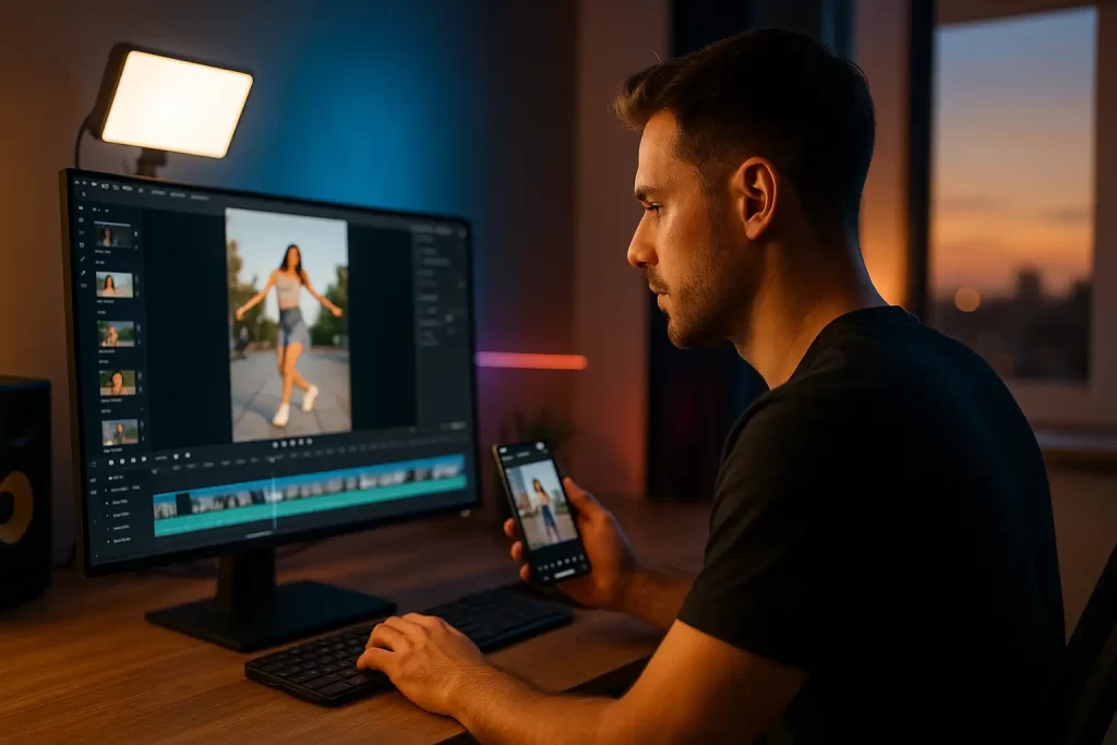 Pessoa editando vídeos no CapCut com tela 4K, celular na mão e layout vertical pronto para redes.