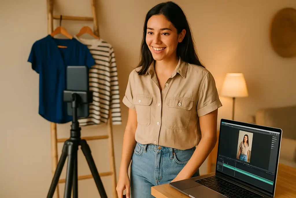 Sequência fotográfica com criador(a) gravando três takes e timeline vertical no editor.