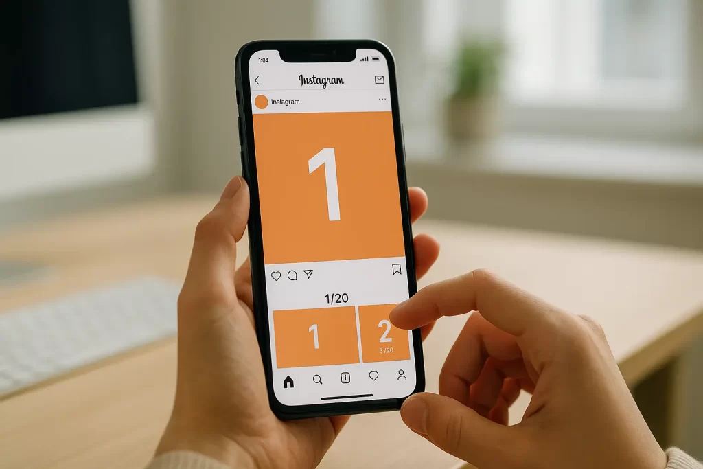 Mãos segurando smartphone com carrossel do Instagram e indicador de 20 slides.
