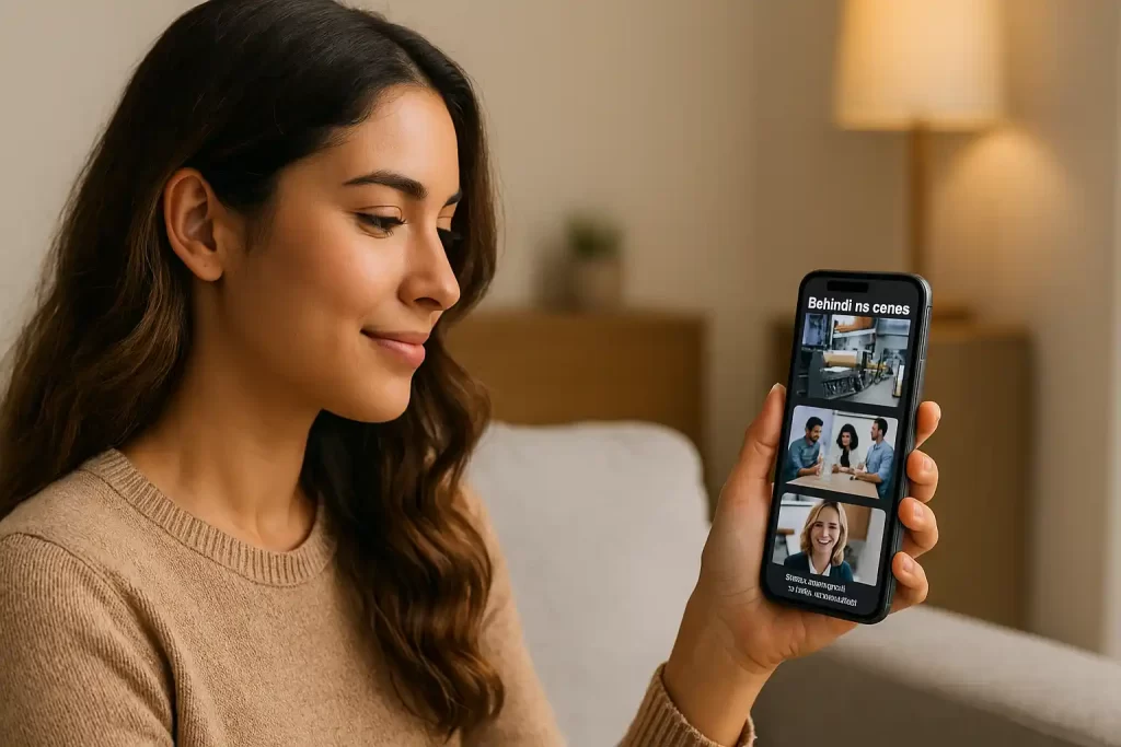 Mulher assistindo no celular aos bastidores de um negócio antes de decidir a compra.