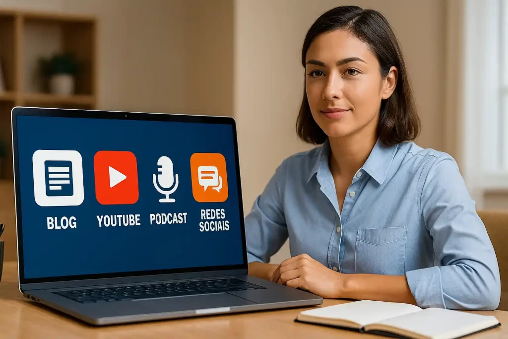 Empreendedor escolhendo entre blog, YouTube, podcast e redes sociais como canal de marketing digital principal.