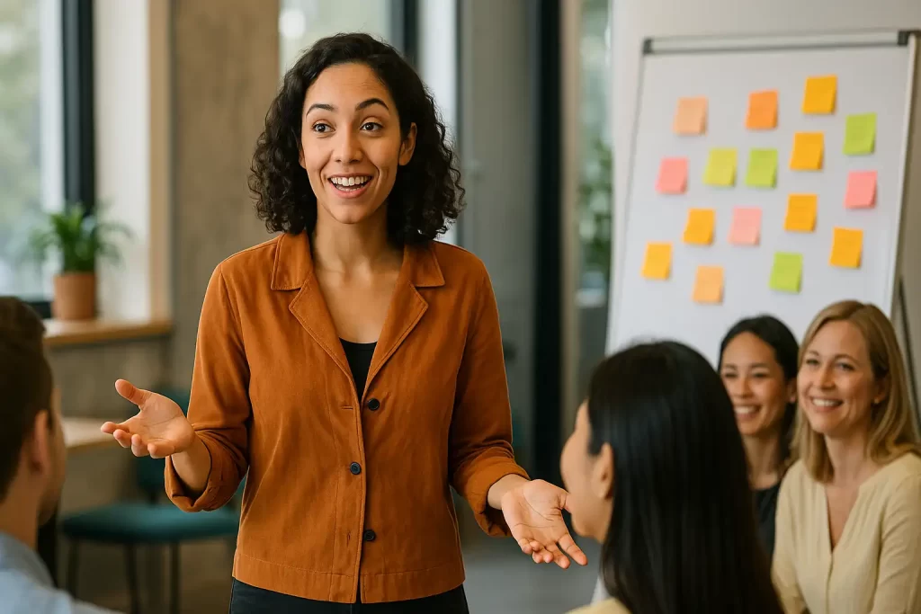 Empreendedora brasileira contando uma história para um pequeno público em um coworking, ilustrando storytelling para engajar o público.