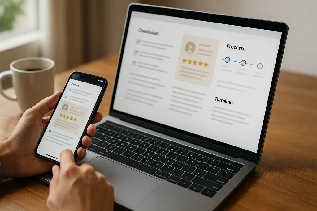 Pessoa avaliando serviço online com depoimentos e etapas visíveis na tela.