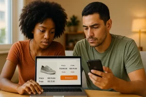 Consumidores brasileiros analisando compras online no período pós-pandemia.