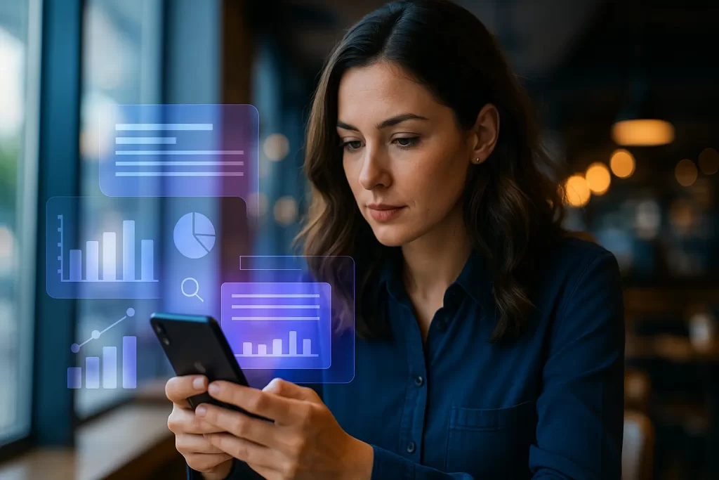 Pessoa segurando um smartphone e navegando em conteúdos digitais enquanto gráficos e ícones de busca aparecem ao fundo.