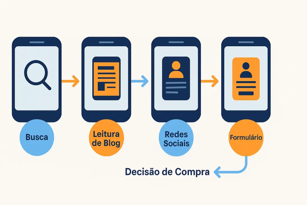Gráfico ilustrado mostrando etapas da jornada do consumidor no celular, desde a primeira busca até a conversão final.