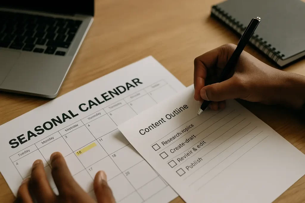 Mãos escrevendo roteiro com lista de conteúdos e prazos ao lado de laptop e calendário impresso.