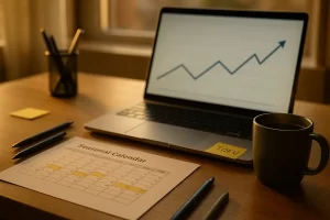 Profissional analisando calendário sazonal e gráficos de tráfego em notebook sobre mesa de trabalho.