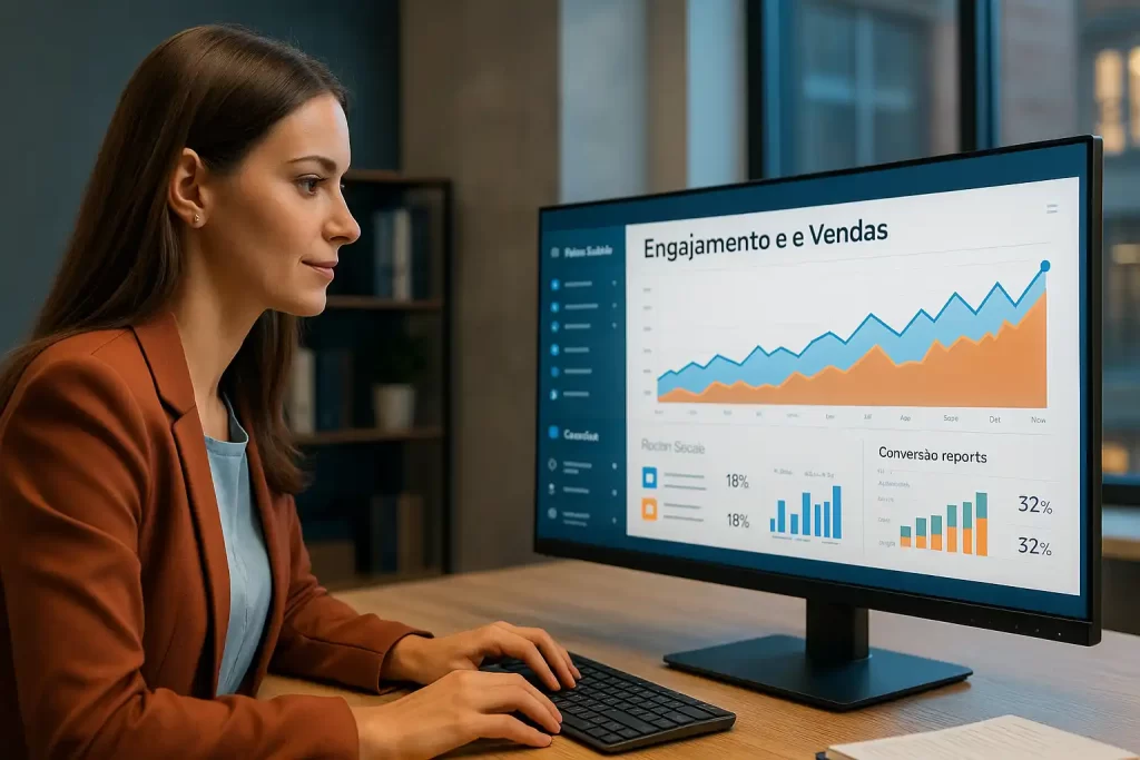 Profissional analisando gráficos de engajamento e vendas em um monitor, representando o mix ideal entre conteúdo e oferta.