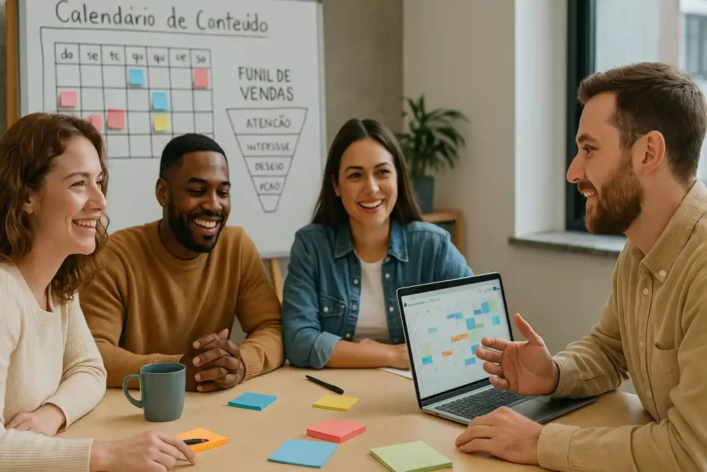 Equipe de marketing reunida em coworking planejando calendário de conteúdo e funil de vendas.