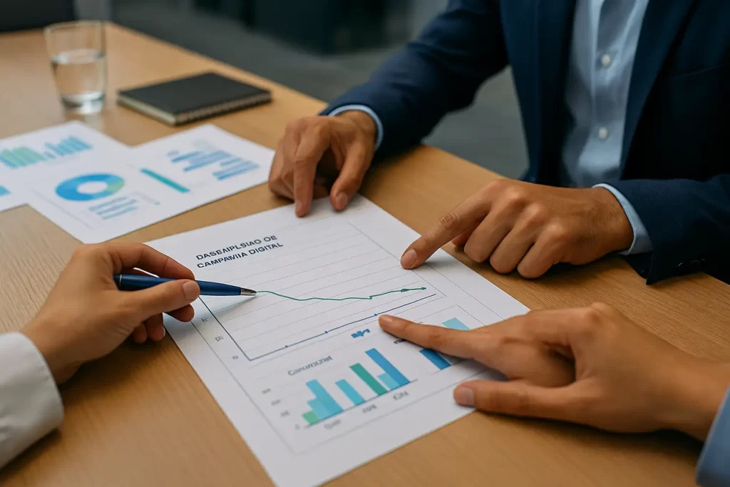 Equipe analisando gráficos impressos de campanhas digitais em uma reunião de planejamento.