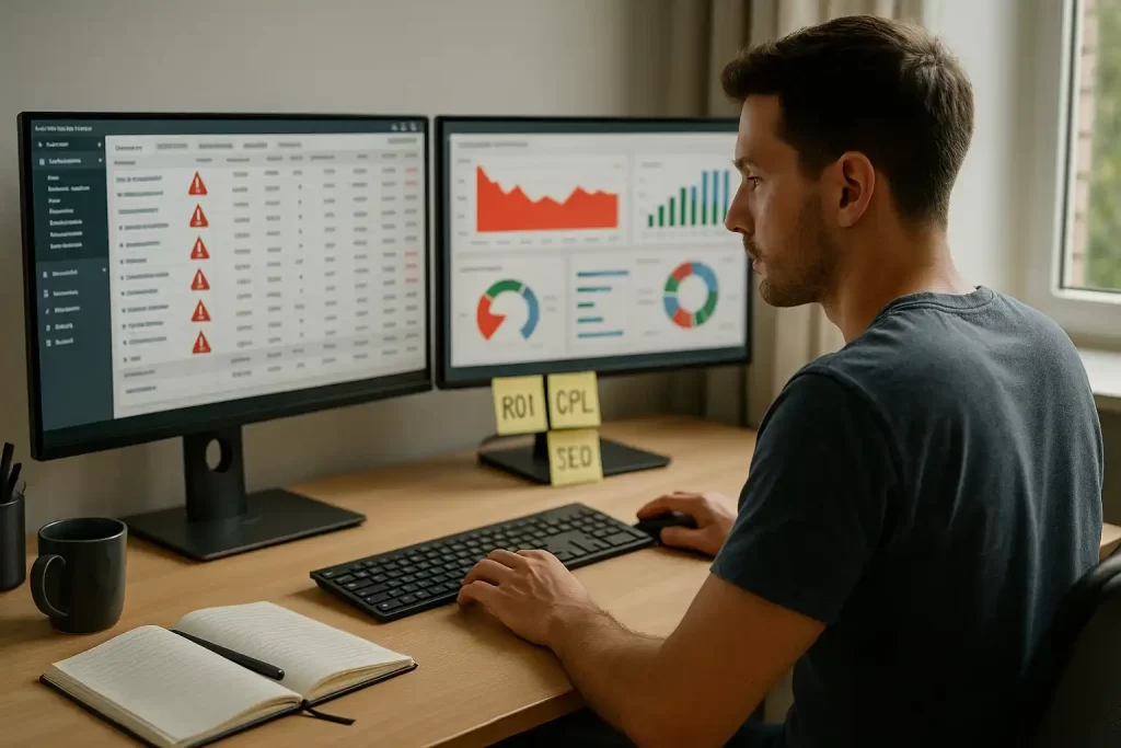 Profissional analisando painéis para corrigir erros no marketing digital.