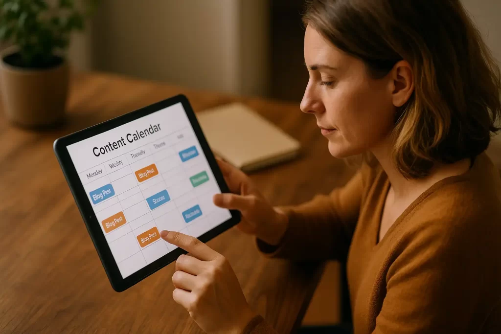 Empreendedora revisando calendário de conteúdo para evitar erros no marketing digital.