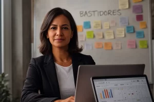 Empreendedora planejando estratégia de bastidores para vendas em um escritório moderno com notebook e quadro de ideias ao fundo.