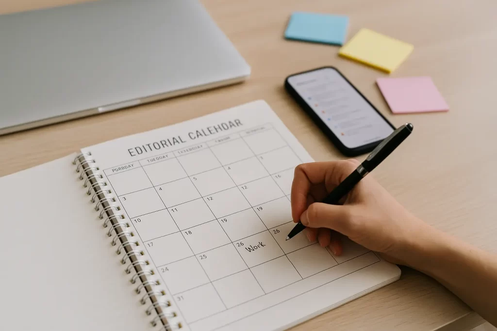 Mão preenchendo calendário editorial com planner e materiais de escritório.
